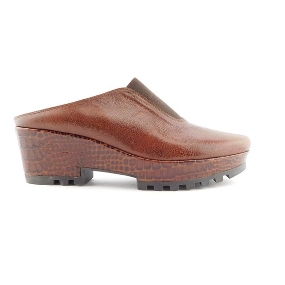 DONALD J PLINER Brown Leather Croc Wedge Slide Mules 8 - Picture 2 of 11